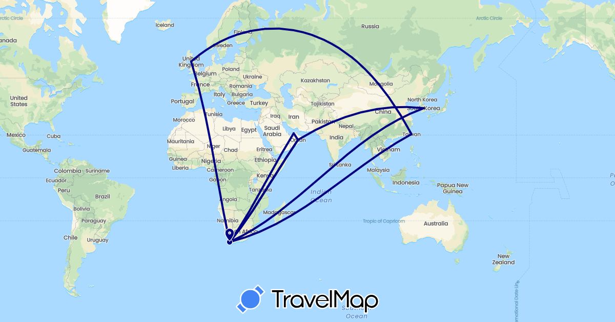 TravelMap itinerary: driving in United Arab Emirates, United Kingdom, South Korea, Oman, Taiwan, South Africa (Africa, Asia, Europe)